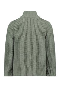 Strickpullover in Salbeigrün mit hohem Kragen, gerippten Bündchen und lockerer Passform. Strukturierte Gestaltung mit vertikalen Linien, die eine entspannte Silhouette zeigt.