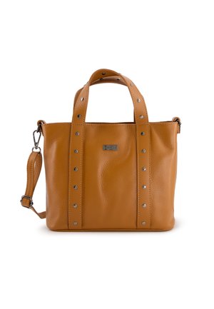 Braune Lederhandtasche mit strukturierter Oberfläche, doppelten Griffen, abnehmbarem Schulterriemen und silberfarbigen Nieten an den Seiten. Reißverschlussverschluss oben.