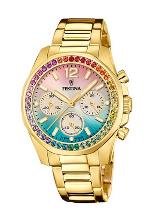 Orologio da polso Festina in oro con lunetta con pietre preziose arcobaleno, quadrante sfumato pastello, tre contatori e bracciale a maglie in oro.