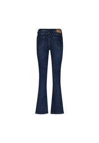 Mørkeblå flare-jeans med en glat denimtekstur, der har to baglommer og et mærket bælte i ryggen.