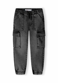 Zwarte denim cargobroek met een elastische tailleband, twee zijzakken en twee cargozakken. Getailleerd ontwerp met elastische boorden.