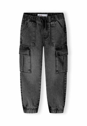 Zwarte denim cargobroek met een elastische tailleband, twee zijzakken en twee cargozakken. Getailleerd ontwerp met elastische boorden.