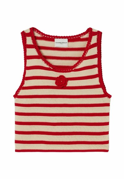 Top in crochet color crema con strisce orizzontali rosse e un dettaglio floreale rosso sul fronte. Collo rotondo con bordi smerlati.