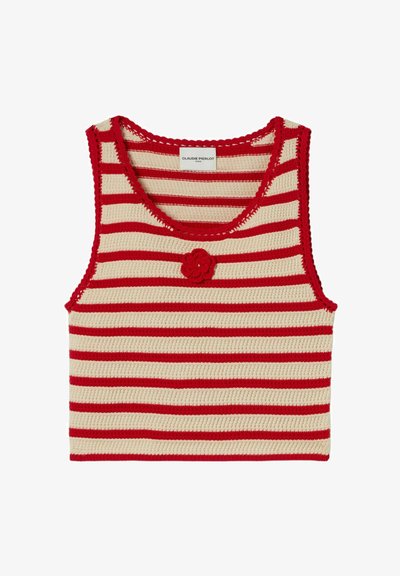 Débardeur au crochet crème avec des rayures horizontales rouges et un détail de fleur rouge à l'avant. Encolure arrondie avec des bords festonnés.