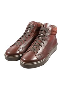Sneakers uomo alte in pelle marrone scuro, con superficie strutturata, suola in gomma e lacci scuri, con colletto imbottito.