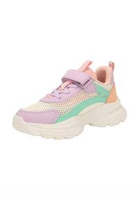 Bunt gefärbte Sneaker aus Lavendel-, mintgrünem und pinkem Mesh sowie synthetischen Materialien. Dicke weiße Sohle mit strukturiertem Design. Klettverschluss.