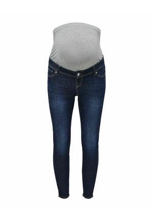 Pantalones vaqueros de maternidad azul oscuro con una cintura alta y elástica de color gris diseñada para ajustarse sobre la barriga de embarazada.