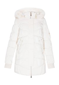 Jachetă de puf albă cu un finisaj lucios, matlasat, glugă căptușită cu blană artificială și două buzunare frontale. Dispune de închidere cu fermoar și manșete striate.