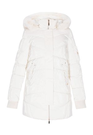 Jachetă de puf albă cu un finisaj lucios, matlasat, glugă căptușită cu blană artificială și două buzunare frontale. Dispune de închidere cu fermoar și manșete striate.
