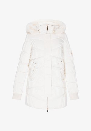 Weiße Steppdaunenjacke mit glänzendem, gestepptem Finish, einer Kapuze mit Kunstfellbesatz und zwei Fronttaschen. Mit Reißverschluss und gerippten Bündchen.