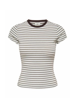 Witte aangesloten kortärmelig shirt met dunne zwarte en bruine horizontale strepen en een effen donkerbruine ronde halslijn.