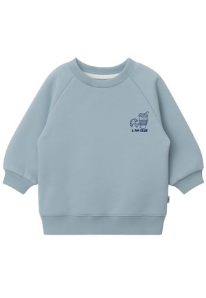 Hellblaues Sweatshirt mit Rundhals, Raglanärmeln und gerippten Bündchen. Verfügt über ein kleines Druckdesign eines Croissants und einer Kaffeetasse.