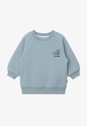 Light blue sweatshirt with a round neck, raglan sleeves, and ribbed cuffs. Features a small printed design of a croissant and coffee cup.
