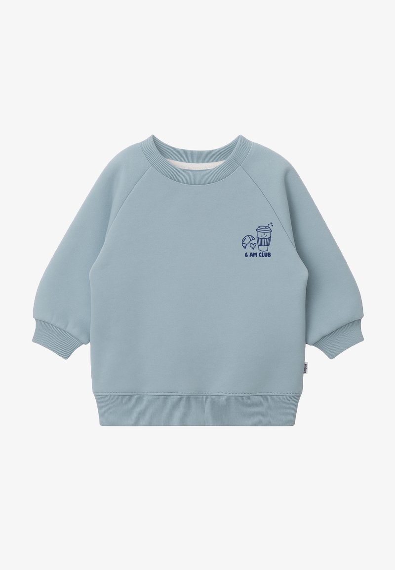 Light blue sweatshirt with a round neck, raglan sleeves, and ribbed cuffs. Features a small printed design of a croissant and coffee cup.
