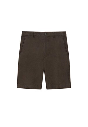 Dunkelbraune Freizeithose mit Gürtelschlaufen, vorderer Knopfverschluss und Seitentaschen, auf weißem Hintergrund dargestellt.