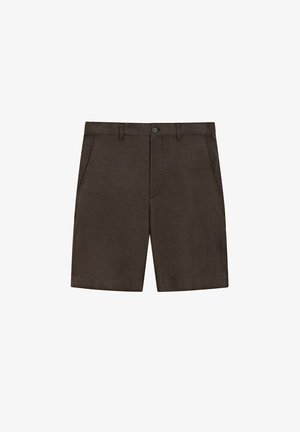 Mørkebrune casual shorts med bæltestropper, forreste knaplukning og sidelommer, vist på en hvid baggrund.