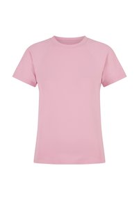 Απλό ροζ κοντομάνικο μπλουζάκι με στρογγυλή λαιμόκοψη και μανίκια ράγκλαν, εμφανίζεται σε λευκό φόντο.