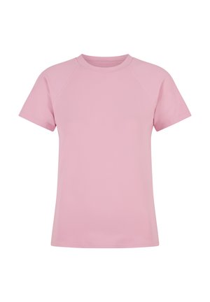 Prosty różowy t-shirt z krótkim rękawem i okrągłym dekoltem, z raglanowymi rękawami, prezentowany na białym tle.