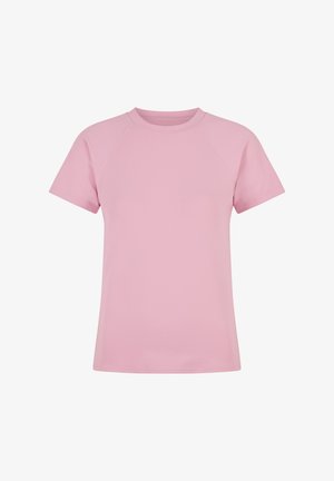 Prosty różowy t-shirt z krótkim rękawem i okrągłym dekoltem, z raglanowymi rękawami, prezentowany na białym tle.