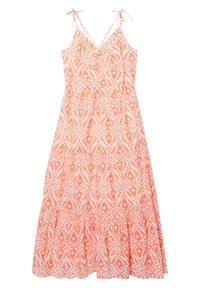 Maksimekko, jossa on ohuet säädettävät olkaimet, coral- ja valkoisella geometrisella kuviolla, kerroksellinen hameosa ja kevyttä, ilmavaa kangasta.