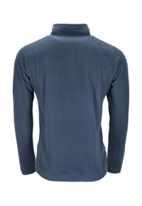 Pullover in pile blu scuro, con colletto alto, maniche lunghe e una texture liscia. Design semplice senza motivi o dettagli visibili.