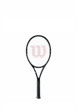 Raquette de tennis noire avec des cordes blanches et un logo rouge "W" au centre, avec une poignée noire.