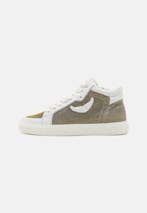 High-top sneakers with a white leather collar, gray and gold woven fabric upper, white laces, and a distinctive logo on the side.