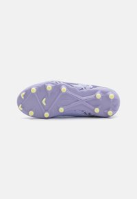 Purple soccer cleat outsole with a textured surface and six yellow studs for traction. Features a geometric design pattern throughout.