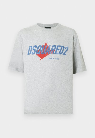 Gray short-sleeve t-shirt made of cotton. Features a blue "DSQUARED2" logo and a red maple leaf design. Crew neck with a relaxed fit.