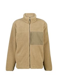 Giacca in pile beige con zip e colletto alto, caratterizzata da una tasca sul petto color khaki a contrasto, tessuto testurizzato e vestibilità rilassata.