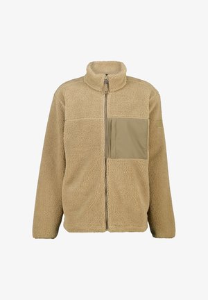 Beige fleece zip-up jacket with a stand collar, featuring a contrasting khaki chest pocket, textured fabric, and relaxed fit.