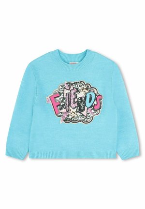 Jasnoniebieski sweter z dużym, wielokolorowym logo "Friends" wykonanym z cekinów. Okrągły dekolt, długie rękawy oraz ściągacze przy mankietach i u dołu.