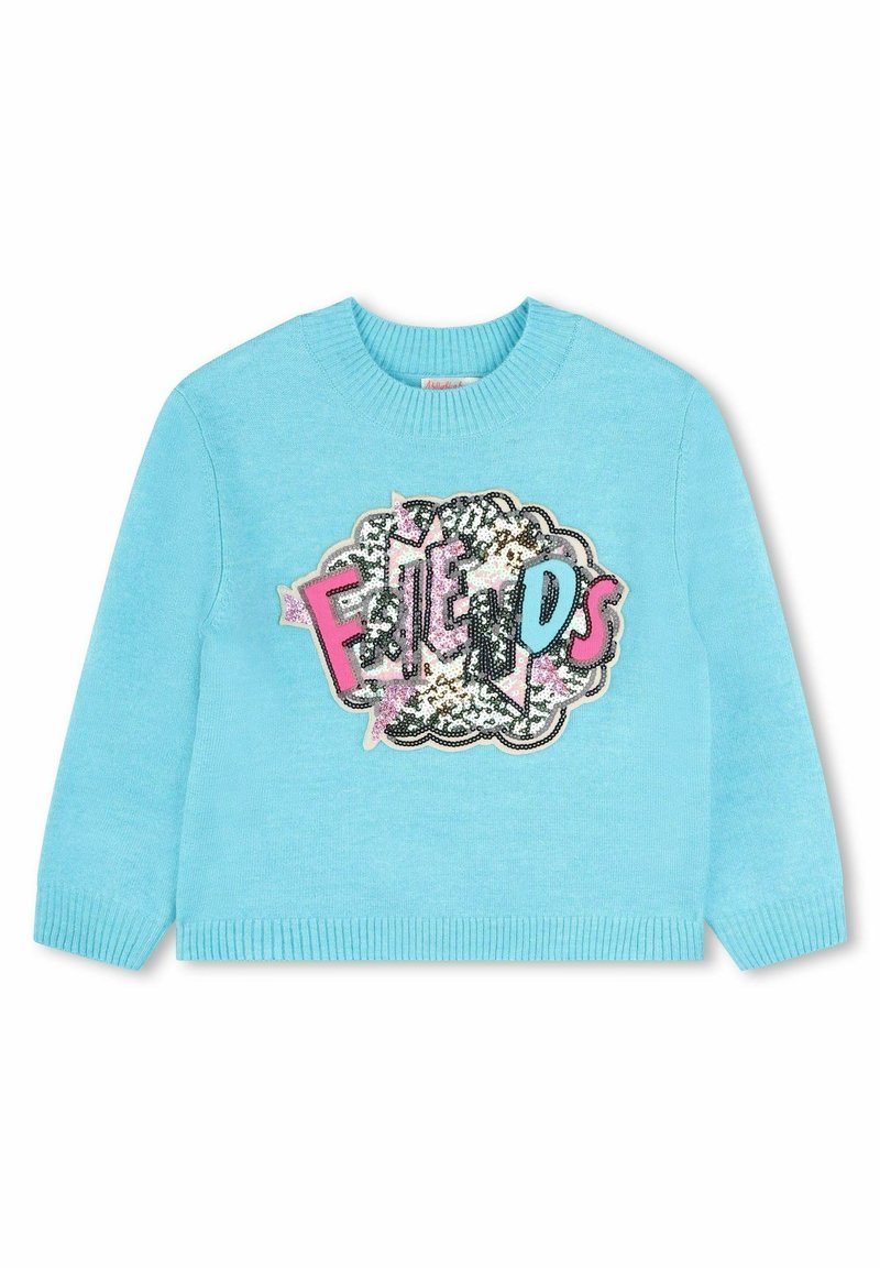 Pull bleu clair avec un grand logo "Friends" multicolore orné de sequins. Encolure arrondie, manches longues, poignets et ourlet côtelés.
