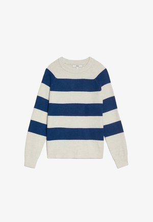 Suéter a rayas en colores crema y azul marino, de cuello redondo, manga larga, hecho de una suave mezcla de lana, con rayas horizontales uniformes.