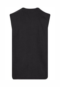 Black sleeveless top featuring a round neckline, soft cotton fabric, and straight hem. The texture appears smooth with minimal stitching detail.