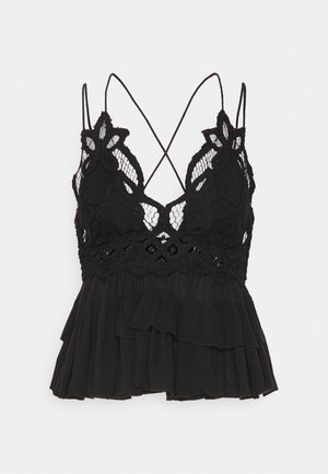 Zwarte kanten tanktop met verstelbare spaghettibandjes, voorzien van bloemaccenten en een gelaagde rucheszoom. Zachte stofstructuur.