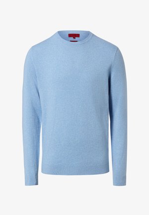 Maglione azzurro chiaro in maglia con scollo rotondo e maniche lunghe. Caratterizzato da una texture morbida e orlo e polsini a coste.
