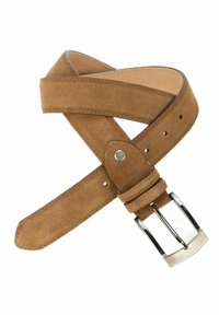 Bruine suede riem met een zilveren metalen gesp, voorzien van meerdere aanpassingsgaten en een gladde binnenvoering. Textuurdetails aanwezig.