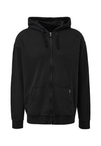 Czarna bluza z kapturem zapinana na zamek, wykonana z miękkiego materiału. Posiada przedni zamek błyskawiczny, dwie boczne kieszenie, regulowany kaptur ze sznurkiem oraz ściągacze na rękawach.