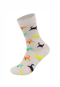Graue Baumwollsocke mit bunten Cartoon-Hunden in Orange, Schwarz, Grün und Neonpink vor einem hellen Hintergrund.