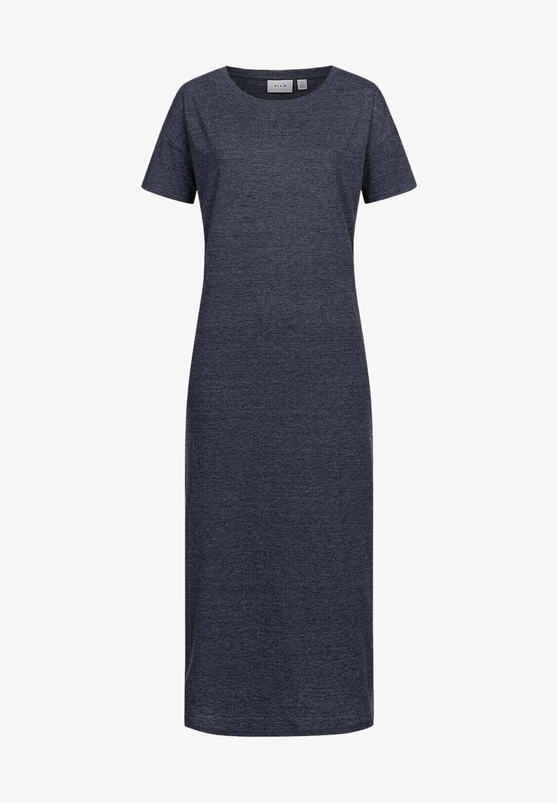 Námornícky modré šaty po kolená vyrobené z mäkkého jersey materiálu, s okrúhlym výstrihom a krátkymi rukávmi s priamym strihom.