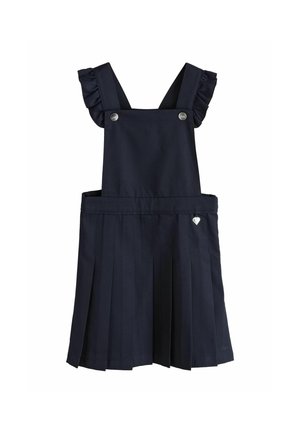 Marineblau plissiertes Trägerkleid mit gerafften Schulterträgern und silbernen Knopfdetails auf der Brust.