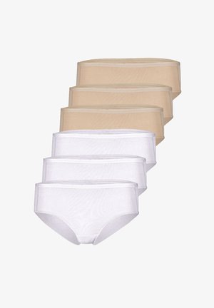Set aus sechs nahtlosen Damenslips in Beige- und Weißtönen, arrangiert in zwei gestapelten Reihen auf weißem Hintergrund.