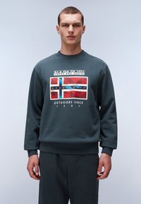 Tmavě zelená mikina se žebrovanými manžetami a lemem. Obsahuje grafický design s motivem vlajky v červené, modré a bílé barvě. Vyrobena z měkké tkaniny.