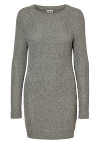 Grå stickad klänning med långa ärmar, vid rund halsringning, ribbade manschetter och fåll, samt ett strukturerat tygmönster.