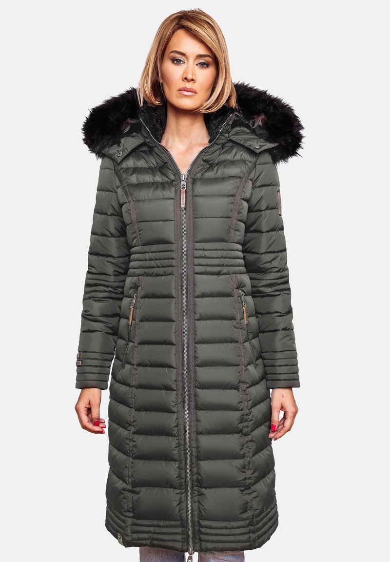 Padded long coat in dark green with a faux fur hood, front zipper, side pockets, and horizontal quilting detail. Smooth texture.