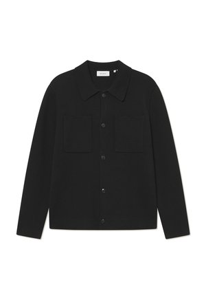 Black cardigan made of ribbed fabric, featuring a collared neckline, two front patch pockets, and button closure along the center.