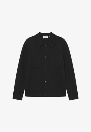 Black cardigan made of ribbed fabric, featuring a collared neckline, two front patch pockets, and button closure along the center.