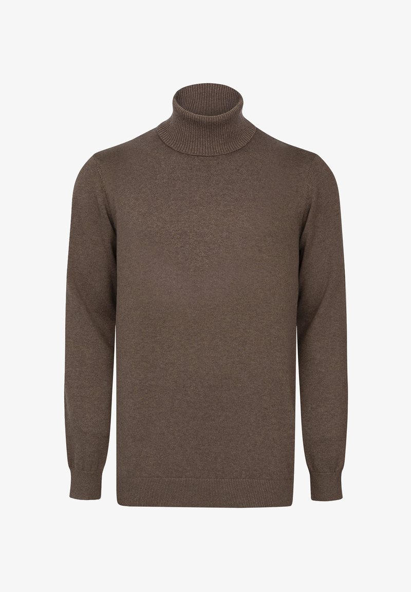 Brown turtleneck sweater made from soft fabric, featuring long sleeves, ribbed cuffs, and a ribbed neckline for added texture.