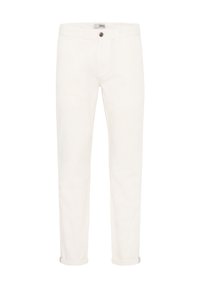 Hvite denim jeans med rett passform, oppbrettede ermer, frontlukking med knapp og beltehemper. Har en ensfarget tekstur uten mønstre.